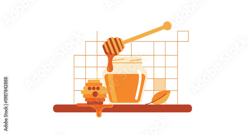 A glass jar filled with golden honey sits on a dark wooden shelf next to a textured honeycomb and a single yellow leaf under soft warm lighting tones.