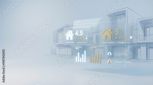 Real estate property rating and review feedback for investment home search with digital interface showing data analytics market mortgage buying selling customer satisfaction quality evaluation app.