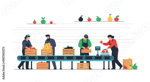 Diverse agricultural workers meticulously sort fresh red and green apples on a long blue industrial conveyor belt within a clean modern processing facility.