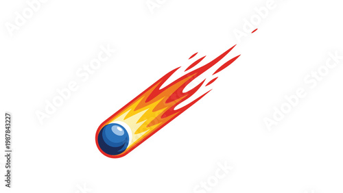 Meteor or fireball with a blue core and a long trail of red and yellow flames flying through space in a dynamic cartoon illustration style.