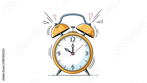 Orange ringing alarm clock with a white face and black numbers shown with motion lines to represent a loud wake-up call in the morning.