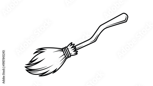Simple line art drawing of a witch broomstick with a long curved handle and a bundle of bristles for magic themed halloween decorations.