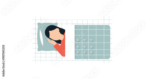 A serene woman with dark hair sleeps peacefully on a soft light blue pillow tucked under a meticulous teal grid-patterned blanket in a quiet bedroom setting.