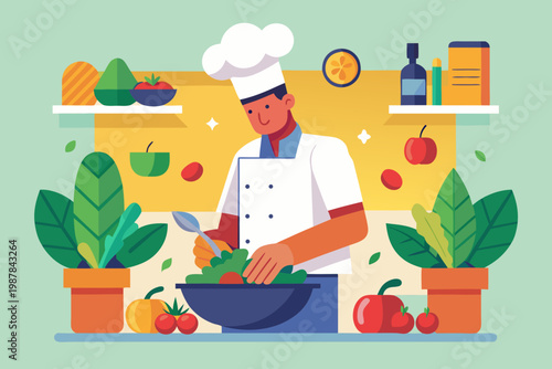 Chef prepares fresh salad with organic vegetables, a healthy lifestyle and vibrant colors for food blog