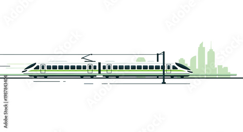 A streamlined high-speed electric train glides swiftly along a horizontal track against a backdrop of a minimalist pale green urban city skyline view.