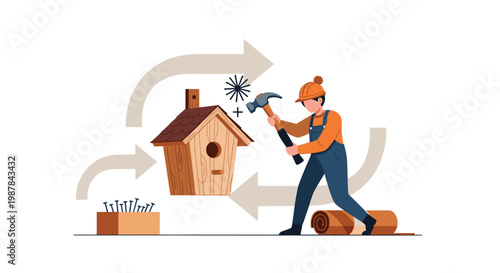 A skilled carpenter wearing a bright orange safety hat and blue overalls carefully hammers a nail into a wooden birdhouse within a circular workflow.