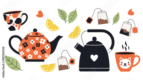 Collection of cozy tea time elements featuring patterned teapots, cute animal mugs, tea bags, lemons, and green leaves.