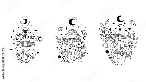 Three separate mystical mushroom illustrations featuring eyes, crescent moons, and planets for a surreal magical theme.