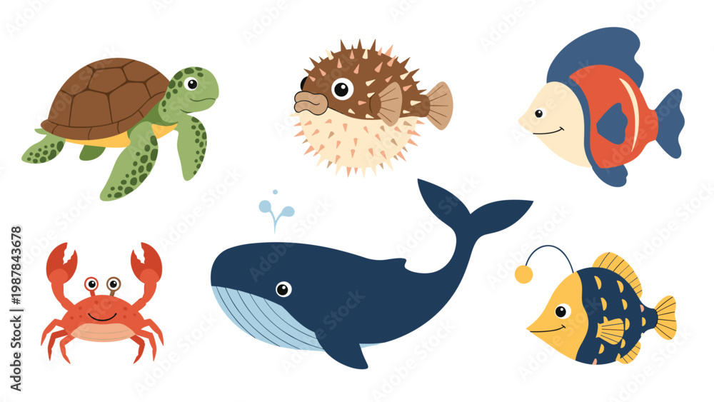 Fototapeta premium Selection of cute cartoon sea creatures including a turtle, pufferfish, fish, crab, whale, and a deep sea anglerfish.