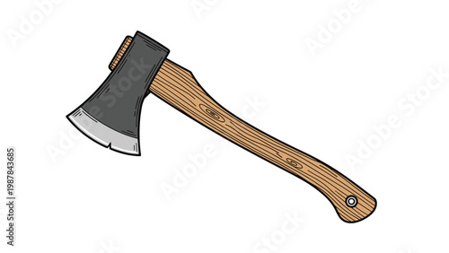 Traditional hand axe illustration with a sharpened metal head and a curved wooden handle for camping and woodworking themes.