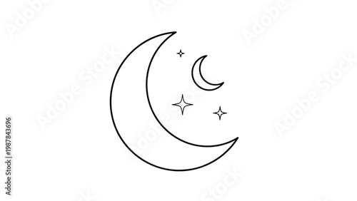 Simple celestial line art showing a large crescent moon alongside a smaller one and several twinkling four pointed stars.