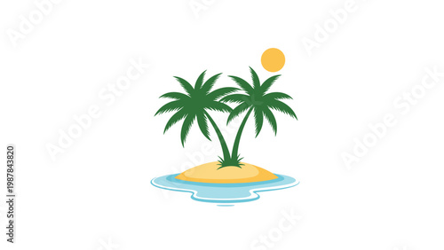 Sunny tropical island scene with two green palm trees and a small beach area surrounded by blue water under a yellow sun.