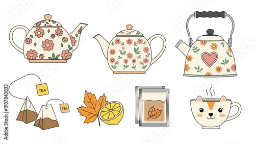 Beautiful collection of tea time illustrations including floral teapots, tea bags, a lemon slice, and a cute cat faced cup.