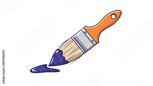 Illustration of a wooden handle paintbrush dripping with thick dark blue paint on a clean white background for creative art.
