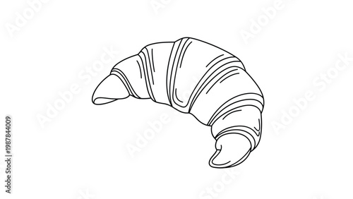 Simple black and white line drawing of a flaky crescent shaped croissant pastry on a clean white background for a bakery.