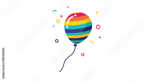 Colorful striped balloon with bright rainbow colors floating amidst confetti and geometric shapes on a white background.
