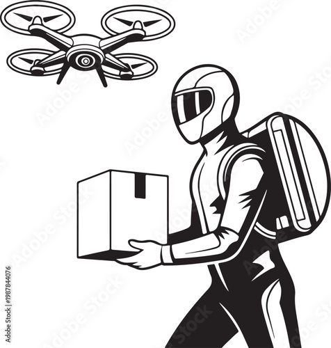 Vector silhouette of a robot Santa delivering presents with drones 2