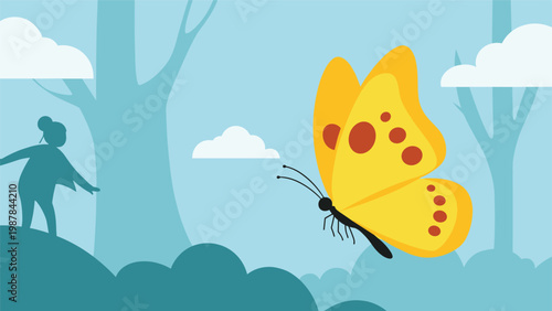 Soft illustration of a large yellow butterfly with orange spots flying in a misty blue forest with trees and clouds.
