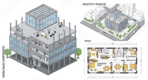Architectural building design and planning isometric view and floor plan.