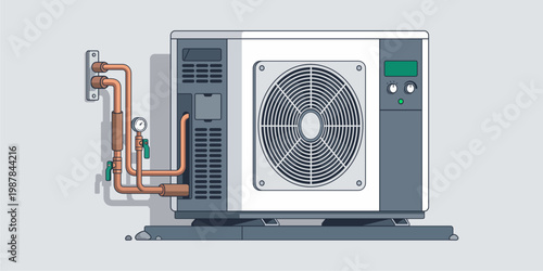 Modern Residential Heat Pump Outdoor Unit with Copper Piping - Flat Vector Illustration for Sustainable Home Heating and Energy Efficiency