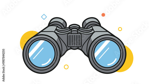 Colorful vector illustration of a pair of black binoculars with blue lenses and decorative shapes in the background for outdoor themes.