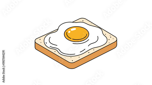Isometric cartoon illustration of a perfectly cooked sunny side up fried egg served on a single slice of toasted bread over white.
