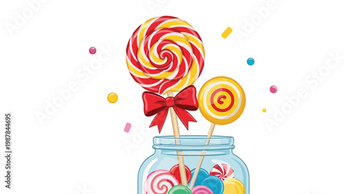 Colorful and sweet illustration of various large swirled lollipops sticking out of a glass jar filled with candies on a white background.