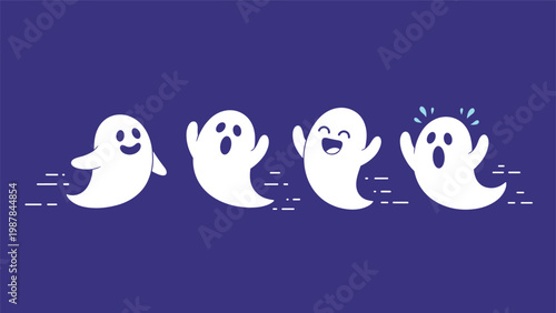 Set of cute white cartoon ghosts with funny expressions flying across a dark purple background for halloween holiday celebrations.