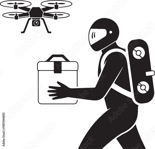 Vector silhouette of a robot Santa delivering presents with drones 2