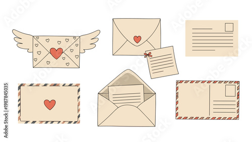 Collection of romantic vintage envelopes and letters decorated with hearts and wings for love letters and valentines day messages.