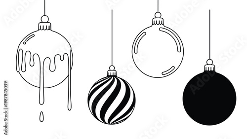 Set of four different christmas bauble ornaments hanging from strings in a clean black and white line art style for holiday design.