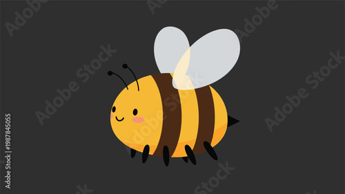 Cute cartoon bumblebee with a happy face and rosy cheeks flying against a dark grey background for nature and insect themes.