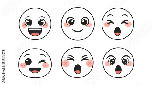 Collection of six white circular cartoon faces with different happy laughing surprised and winking expressions and rosy cheeks.