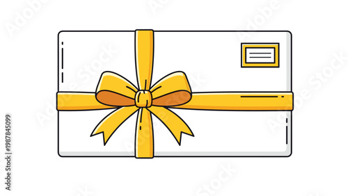 White rectangular gift box or envelope tied with a bright yellow ribbon and a decorative bow for special occasions and holidays.