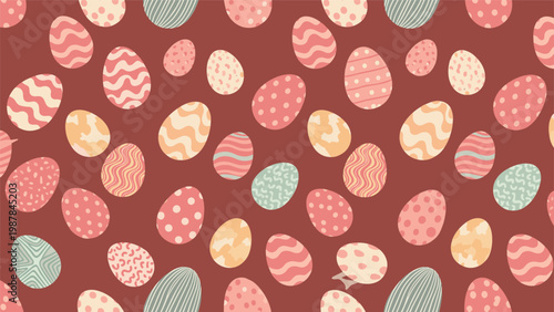 Vibrant seamless pattern of decorated Easter eggs with various patterns like stripes and dots on a warm reddish brown background.