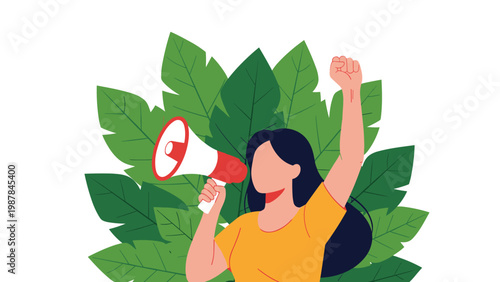 Empowered woman shouting into a megaphone with a raised fist in front of large green leaves represents environmental activism.