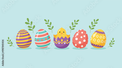 Group of colorful decorated Easter eggs with a cute yellow chick hatching from a purple shell on a light blue background.