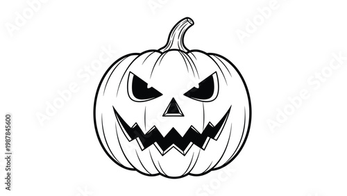 Black and white line art illustration of a carved Halloween pumpkin featuring a menacing and scary jack-o-lantern face with sharp teeth.