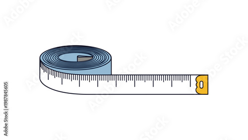 Flexible blue measuring tape coiled up with a yellow metal tip used for sewing and tailoring shown on a plain white background.
