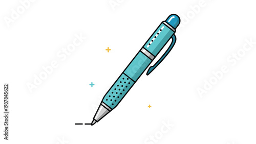 Detailed vector illustration of a modern blue ballpoint pen with a grip and clip shown in a clean flat design style on white background.