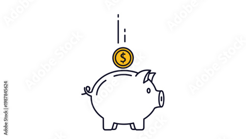 Minimalist line drawing of a cute piggy bank with a gold dollar coin being deposited inside representing savings and finance.