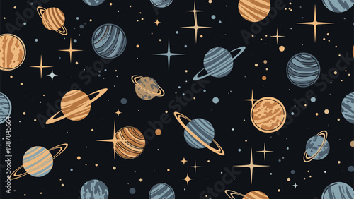 Seamless cosmic pattern featuring various planets, rings, and glowing stars set against a deep black outer space background.