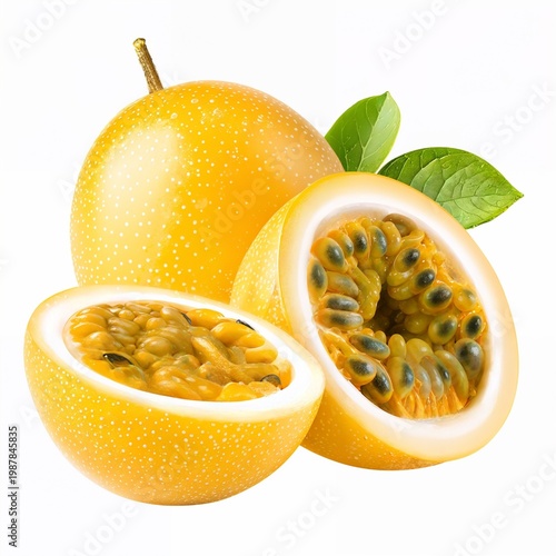A single ripe passion fruit (maracuyá) isolated on pure white background, half cut showing juicy yellow seeds inside