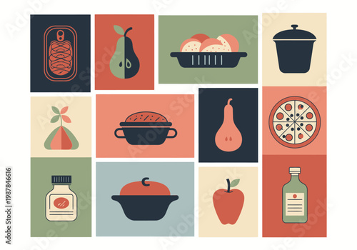 Minimalist Flat Design Food and Kitchen Icon Collection in Retro Style