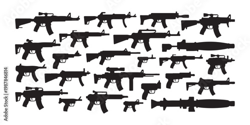Set of silhouettes of firearms and cold weapons of various types. military equipment and war items collection.