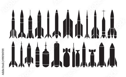 Set of black silhouettes of various rockets, missiles, and bombs. military arsenal and destructive weapons collection.