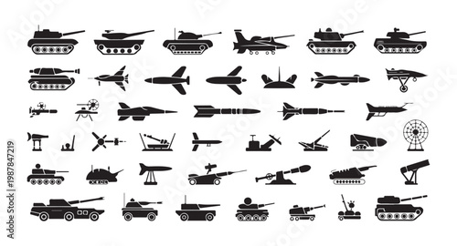 Collection of military vehicles, tanks, jets, missiles, rockets and defense systems in graphic design.