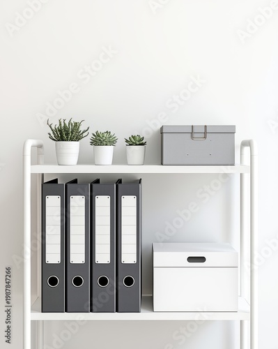 Organized office storage with binders and desktop items on a shelf isolated on white background