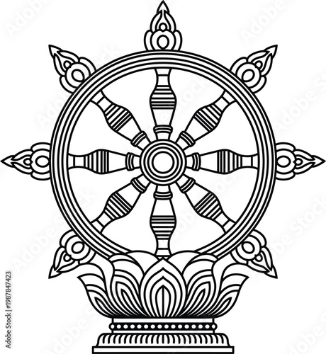 Dharmachakra symbol on lotus flower for spiritual enlightenment and Buddhist teachings