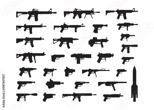 Set of black silhouettes military weapons pistols shotguns rifles machine guns isolated on white background.